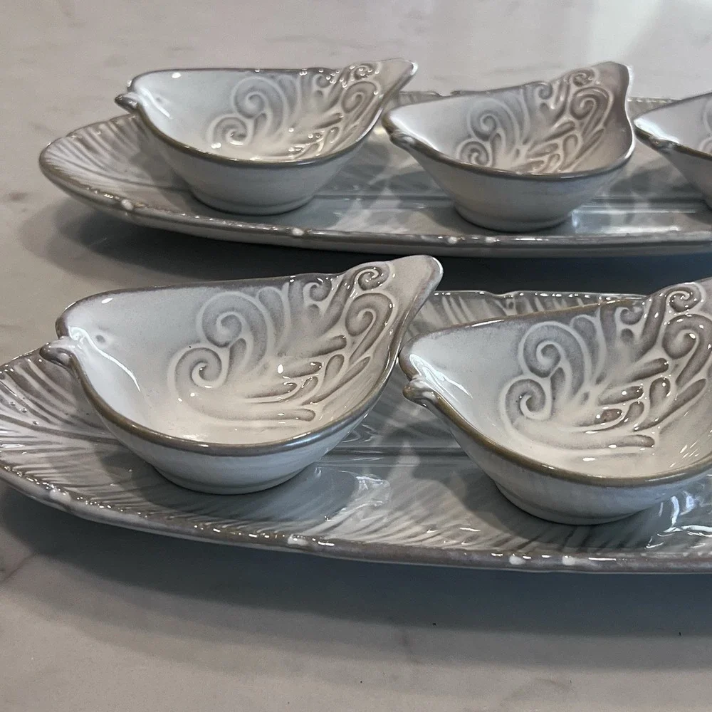 Pier 1 Ivory Cream Embossed Bird Shaped Small Bowls & Feather Dishes (2‎ Sets)